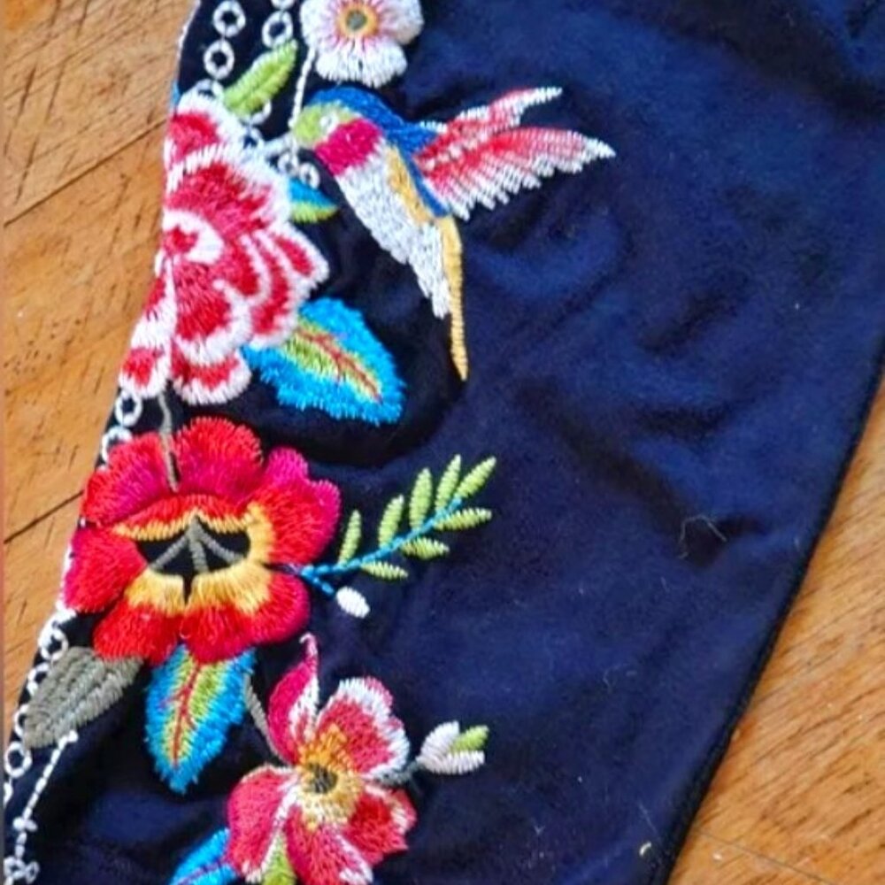 JW Los Angeles Johnny Was BLK Embroidered Leggings Size XL Hummingbird & Flowers
